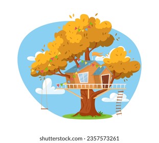 Tree house in autumn yellow foliage. Wooden hut construction with window and door. Children lodge on big tree with swing and ladder. Vector isolated game treeshed camp decorated with garland, flags