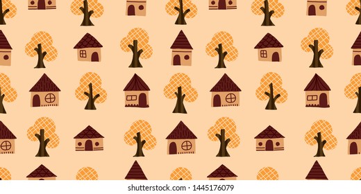 Tree and house background. Seamless pattern.Vector.