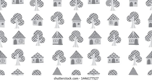 Tree and house background. Seamless pattern.Vector.