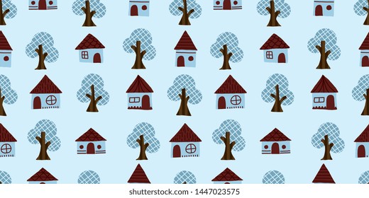 Tree and house background. Seamless pattern.Vector.