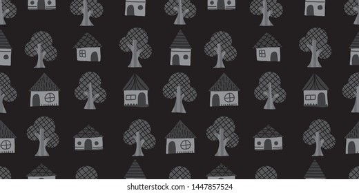 Tree and house background. Seamless pattern.Vector.