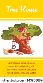Tree House Banner. Cartoon Boy Build House on Tree, Pet Dog Help Vector Illustration. Tire Swing on Branch. Wooden Eco Forest Garden Hut. Kid Playhouse in Park. Cabin Building Game Fun