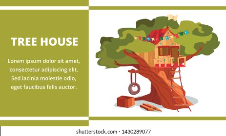 Tree House Building Banner. Treehouse Construction Vector Illustration. Game Playhouse in Forest Garden Park. Children Clubhouse Fun Game. Wooden Hut Cottage. Summer Season Tire Swing