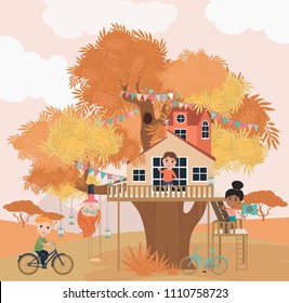 Tree house cartoon illustration with kids. Editable vector illustration