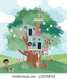 Tree House Cartoon Illustration With Kids. Editable Vector Illustration