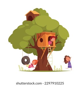 Composición de niños de la casa de árbol con vista aislada de árbol con escaleras colgantes y la ilustración de vectores de niños juguetones