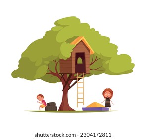 Tree house children composition with isolated view of tree with hanging cabins ladders and playing kids vector illustration