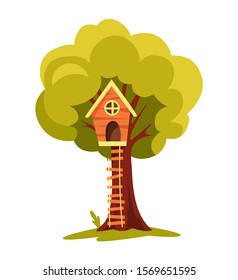 Tree house. Children playground with swing and ladder. Flat style vector illustration. Tree house for playing and parties. House on tree for kids. Wooden town, rope park between green foliage