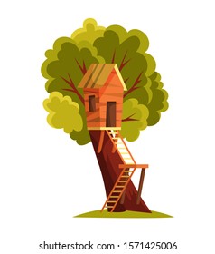 Tree house. Children playground with swing and ladder. Flat style vector illustration. Tree house for playing and parties. House on tree for kids. Wooden town, rope park between green foliage