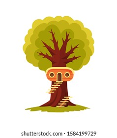 Tree house. Children playground with swing and ladder. Flat style vector illustration. Tree house for playing and parties. House on tree for kids. Wooden town, rope park between green foliage
