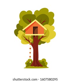 Tree house. Children playground with swing and ladder. Flat style vector illustration. Tree house for playing and parties. House on tree for kids. Wooden town, rope park between green foliage