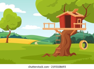 Tree house. The childrens house is built on a tree. Childrens games in nature. Vector illustration
