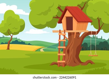 Tree house. The childrens house is built on a tree. Childrens games in nature. Vector illustration