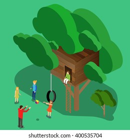 Tree House Children's Games. Playhouse On The Tree. Isometric Flat Vector Concept.