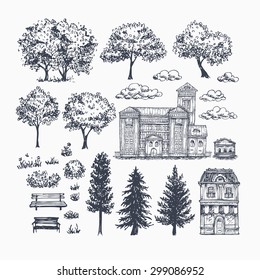 Tree and house collection. Vector illustration