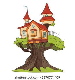Tree house colored outline. Hand drawn house on three isolated on white background. Doodle house tree. Vector illustration.