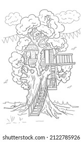 tree house coloring book for kids flags hand drawn graphic ink