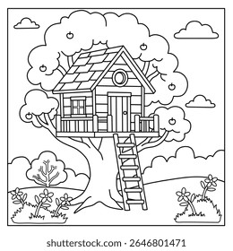 tree house coloring page with stairs and nature scenery