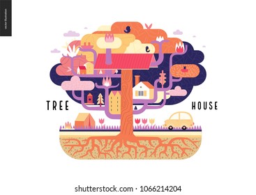 Tree house concept - a tree with houses, birds, nest, flowers and birdhouse on it, a car and tent with bonfire under it, and ground cut with soil layers and trees roots - summer camp vacation concept