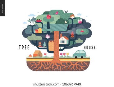 Tree house concept - a tree with houses, birds, nest, flowers and birdhouse on it, a car and tent with bonfire under it, and ground cut with soil layers and trees roots - summer camp vacation concept