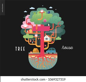Tree house concept - a tree with houses, birds, nest, flowers and birdhouse on it, a car and tent with bonfire under it, and ground cut with soil layers and trees roots - summer camp vacation concept