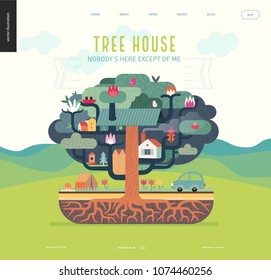 Tree House Concept - A Tree With Houses, Birds, Nest, Flowers And Birdhouse On It, A Car And Tent With Bonfire Under It, And Ground Cut With Soil Layers And Trees Roots - Summer Camp Vacation Concept