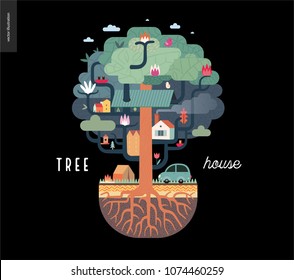 Tree house concept - a tree with houses, birds, nest, flowers and birdhouse on it, a car and tent with bonfire under it, and ground cut with soil layers and trees roots - summer camp vacation concept