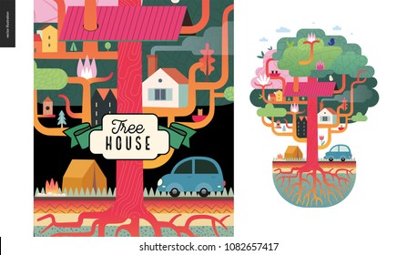 Tree house concept - a tree with houses, birds, nest, flowers and birdhouse on it, a car and tent with bonfire under it, and ground cut with soil layers and trees roots - summer camp vacation concept