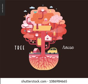 Tree house concept - a tree with houses, birds, nest, flowers and birdhouse on it, a car and tent with bonfire under it, and ground cut with soil layers and trees roots - summer camp vacation concept