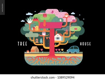 Tree house concept - a tree with houses, birds, nest, flowers and birdhouse on it, a car and tent with bonfire under it, and ground cut with soil layers and trees roots - summer camp vacation concept