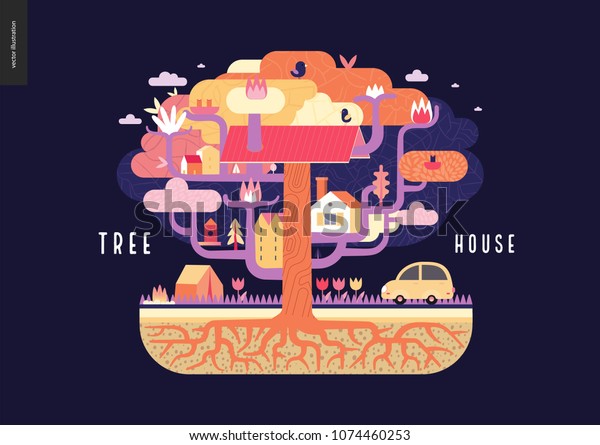 Tree house concept - a tree with houses, birds,
nest, flowers and birdhouse on it, a car and tent with bonfire
under it, and ground cut with soil layers and trees roots - summer
camp vacation concept