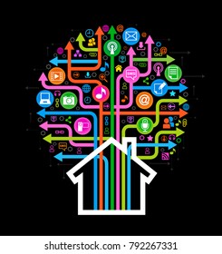 The tree and house consisting of the arrows and icons on the topic of  social media. Bright color image on a black background. The file is saved in the version AI10 EPS.