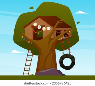 Tree house construction decorated with garlands, flags and lanterns. Wooden lodge on big tree for kids with swing and ladder. Vector children summer playground area for outdoors adventures, activities