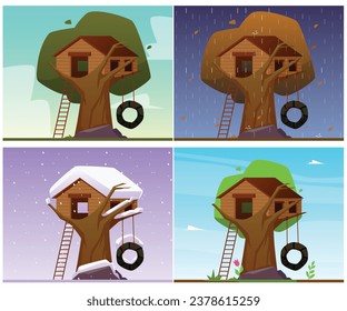 Tree house construction. Wooden lodge on tree for kid with swing and ladder. Vector set game treeshed summer camp. Children playground for outdoors adventures. All seasons snow winter, spring, autumn