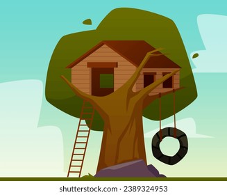 Tree house construction. Wooden lodge on big tree for kids with swing and ladder. Vector game tree fort, treeshed summer camp. Children playground area for outdoors adventures and activities