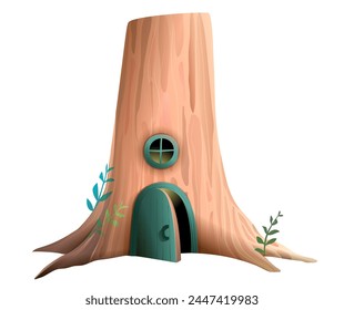 Casa de árbol con puerta y ventana para cuento de hadas. Tronco de árbol con puerta y ventana, elemento de hogar para niños historia de animales. Dibujado a mano Vector de dibujos animados en estilo de acuarela para el cuento de los niños.