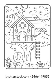 Tree house drawing for coloring page illustration