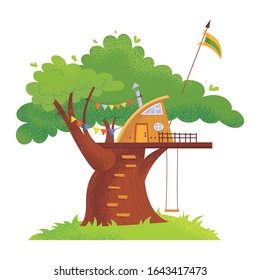 Tree house for games and parties for children. Summer playground among green leaves. Flat cartoon style vector illustration. Isolated