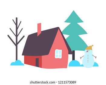 Tree with house garden with trees, outdoor view vector. Home with chimney, winter season and snowman wearing warm hat on snow head. Building and pine