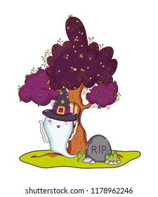 tree house with ghost hat and rip stone