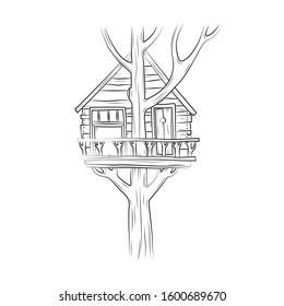 The tree house. Hand drawing. Vector illustration isolated on white background.
