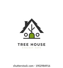 Tree house home logo with roof and chimney illustration icon simple style