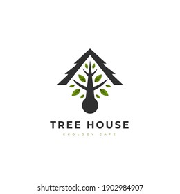 Tree house home logo, tree sprout growth with roof logo icon vector illustration