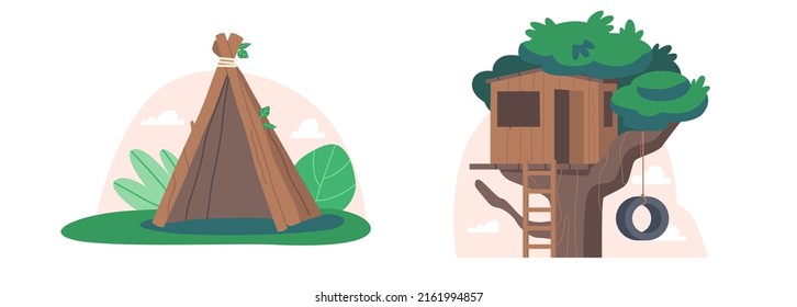 Tree House and Hut Made of Branches Isolated on White Background. Wooden Constructions for Kids Summer Time Recreation and Activities, Forest Camp. Cartoon People Vector Illustration