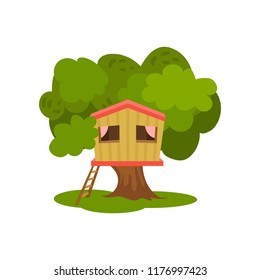Tree house, hut on green tree for kids outdoor activity vector Illustration on a white background