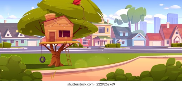 Tree house or hut at suburban street. Wooden construction with ladder and tyre swing for kids summer time recreation, games and activities in countryside with cottages, Cartoon vector illustration