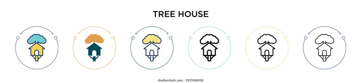 Icono de la casa de árbol en el estilo relleno, delgado, contorno y trazo. Ilustración vectorial de dos iconos vectoriales coloridos y negros de la casa arbórea pueden utilizarse para móviles, ui, web