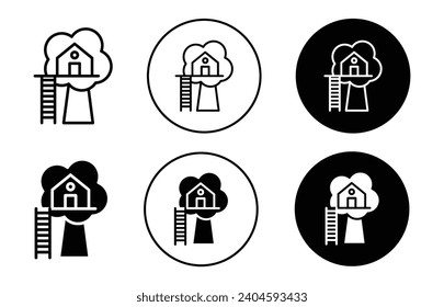 Tree house icon. forest nature life home cottage made of wood. natural green house on top of the tree branches symbol. tree house garden residential property vector set sign