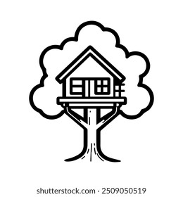 Tree House icon or modern line symbol. Vector line art and icon design with bold outline. Black and white Pixel Perfect minimalistic symbol isolated white background. Silhouette simple thin sign