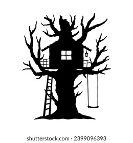 Tree house icon. A house on a tree. Black silhouette. Front side view. Vector simple flat graphic illustration. Isolated object on a white background. Isolate.